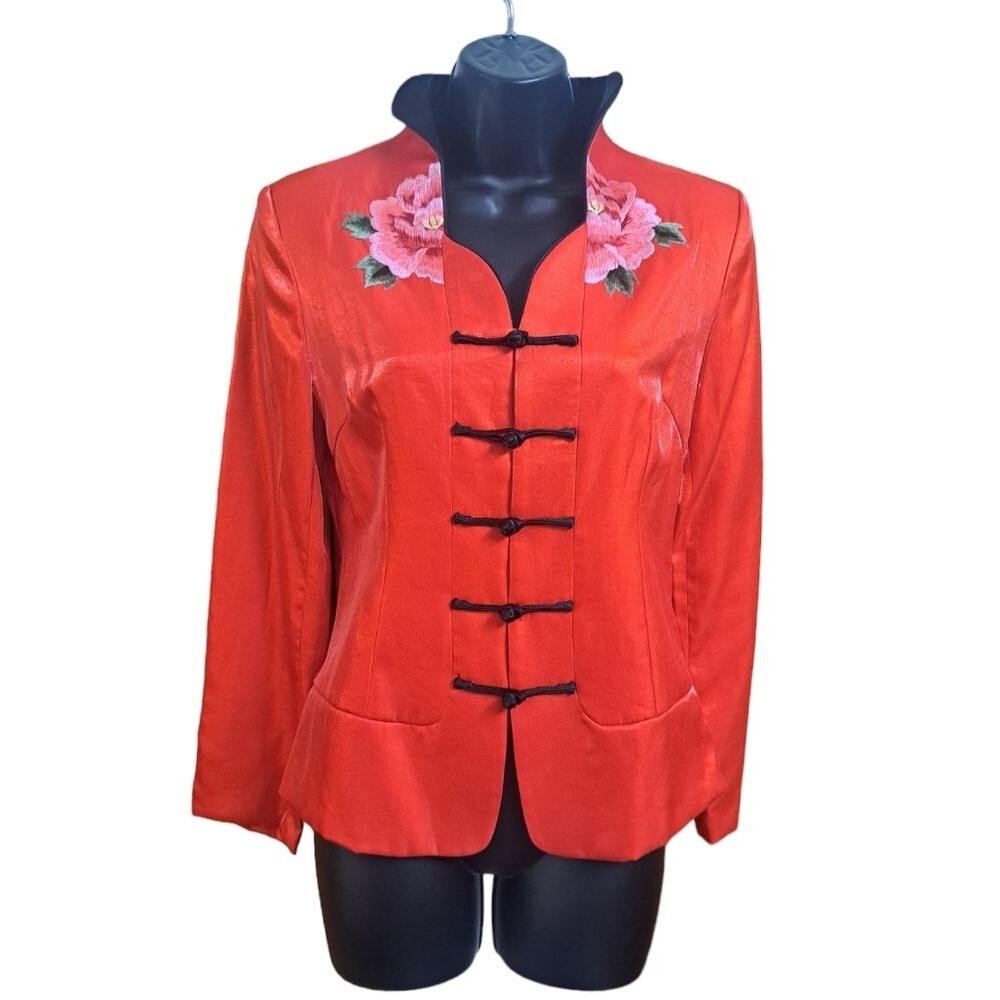 Beautiful Red Floral Asian Jacket Blazer By Bo Xi Hua Fu Women's Size L - Picture 9 of 14